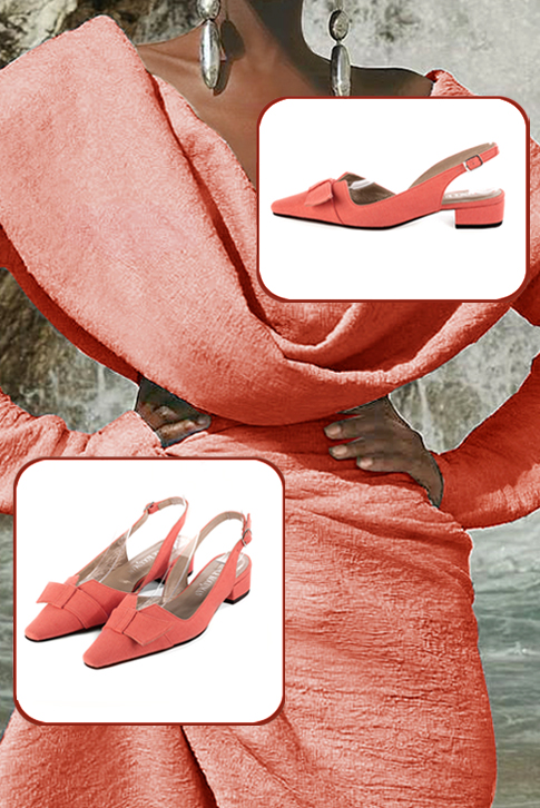 Women's coral elegant slingback heels, with a bow on the front. Tapered toe. Low block heels - Top view
